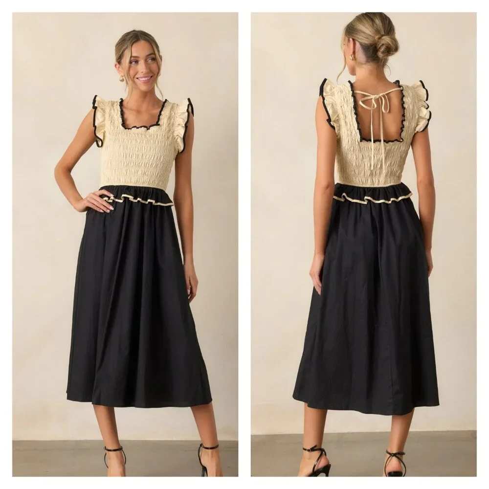 Free People Black and Cream Smocked Midi Dress